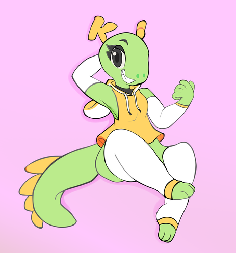 El dragón KDE Katie viéndose linda en su nueva ropa. Tiene puesta un suéter blanco y amarillo sin mangas, y calcetines blancas hasta el muslo con rayas amarillas en las piernas y los brazos.