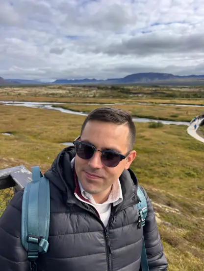 Mee with sunglasses. Iceland. Very green