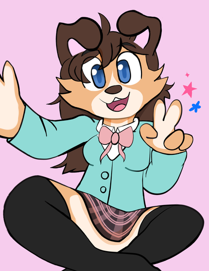 Amber the puppygirl playfully does a peace gesture while taking a selfie. She is wearing a cute schoolgirl outfit with a pink bow, a pink and gray striped skirt, an aqua sweater, and dark thigh high socks